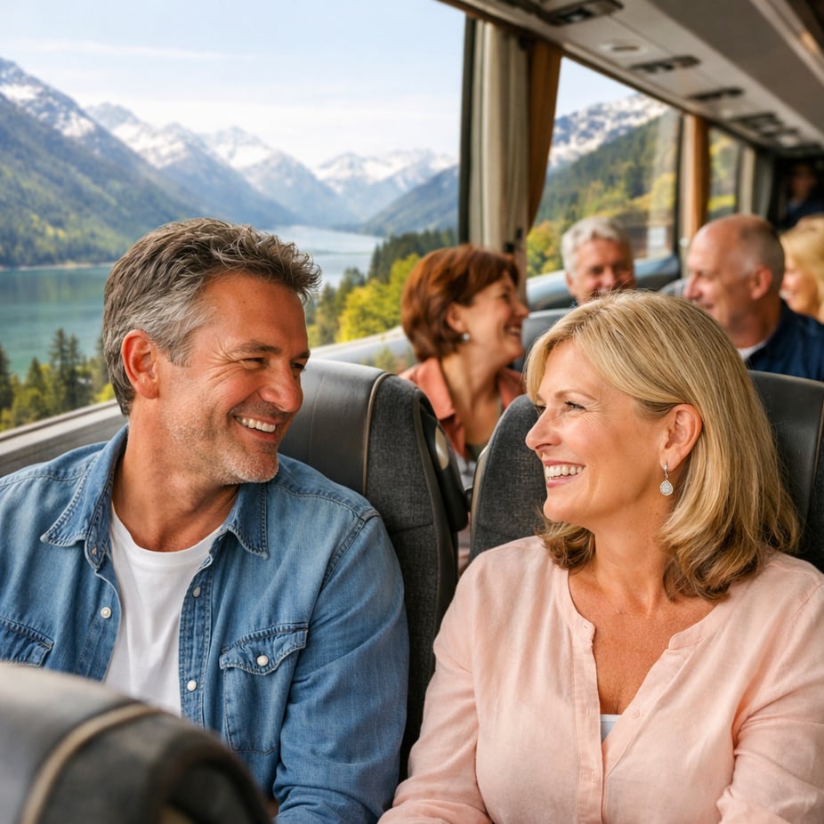 people Singles 50 years old  sitting in a touringcar bus with a nice view they are talking with each other